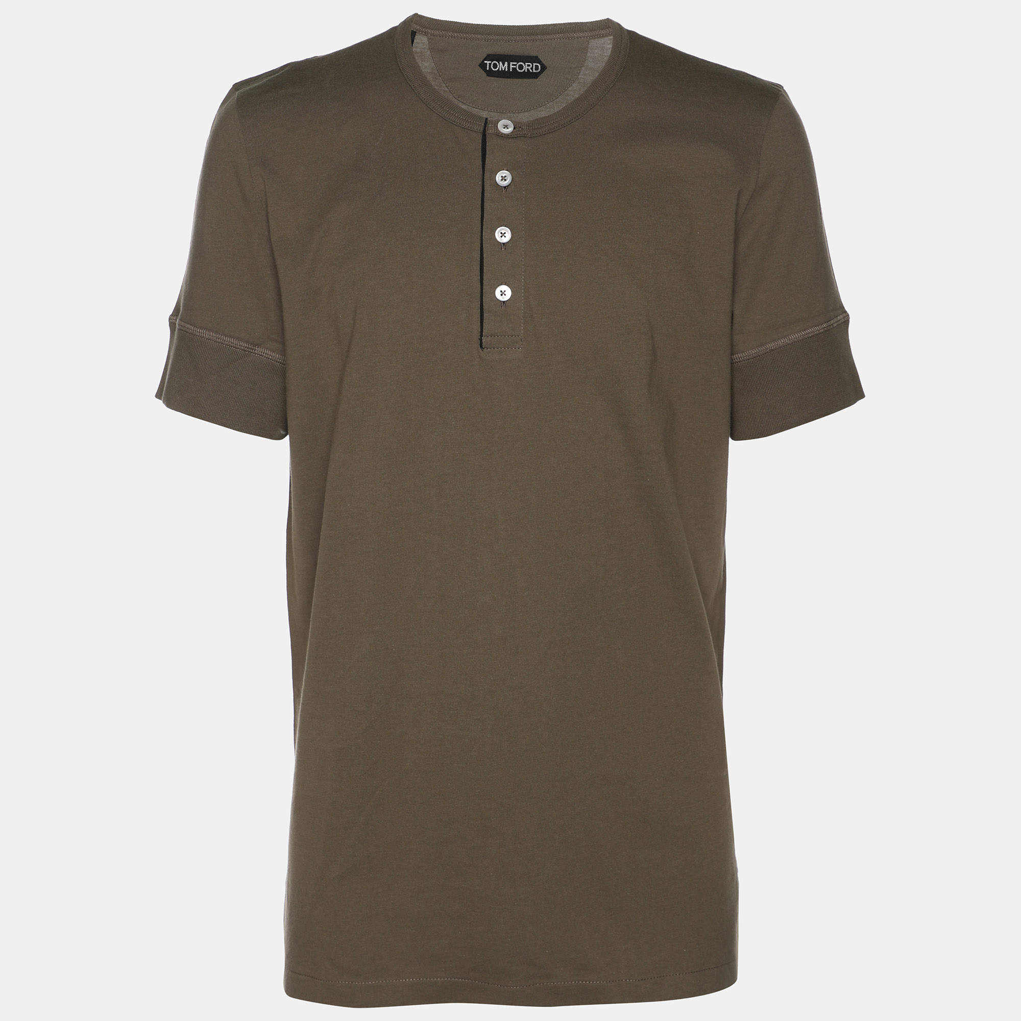 Pre Owned Tom Ford Olive Green Cotton Knit Henley T-Shirt XL