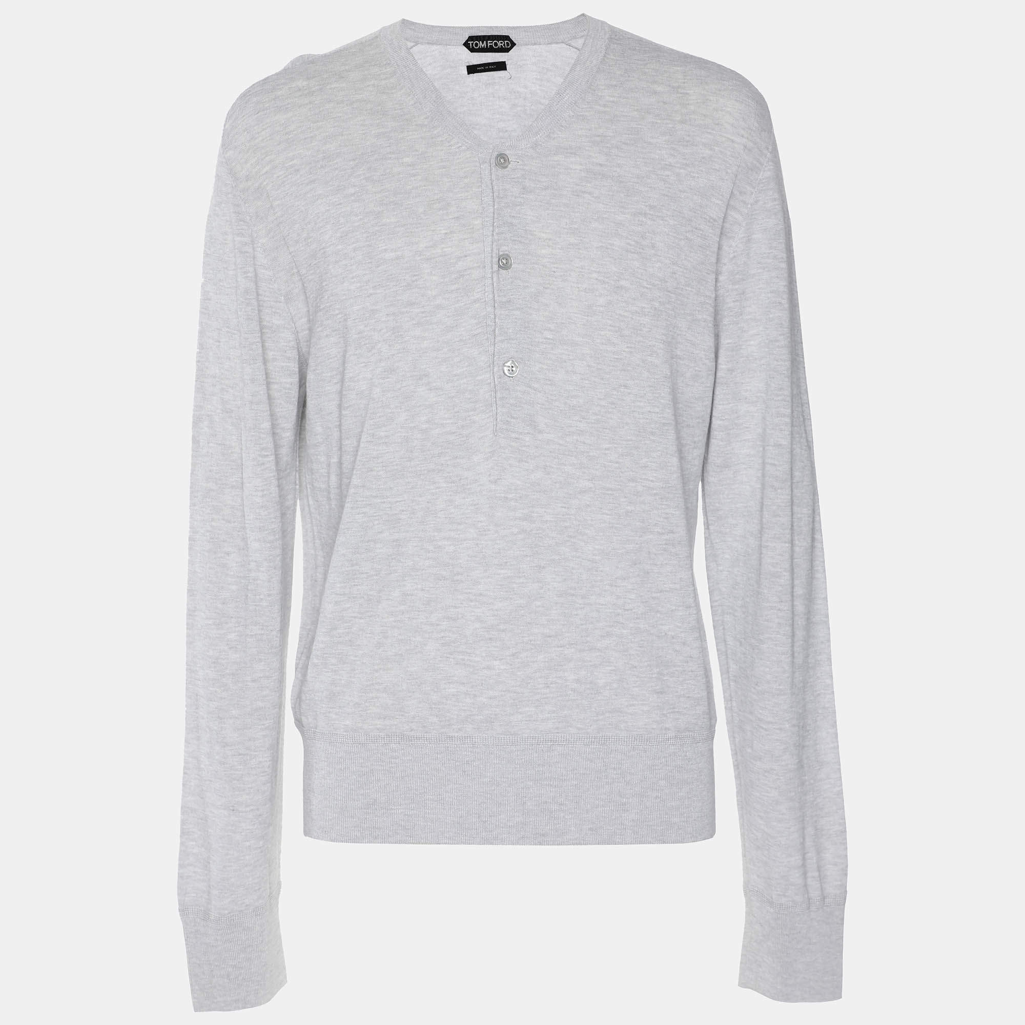 Pre Owned Tom Ford Grey Jersey Full Sleeve Henley T-Shirt L
