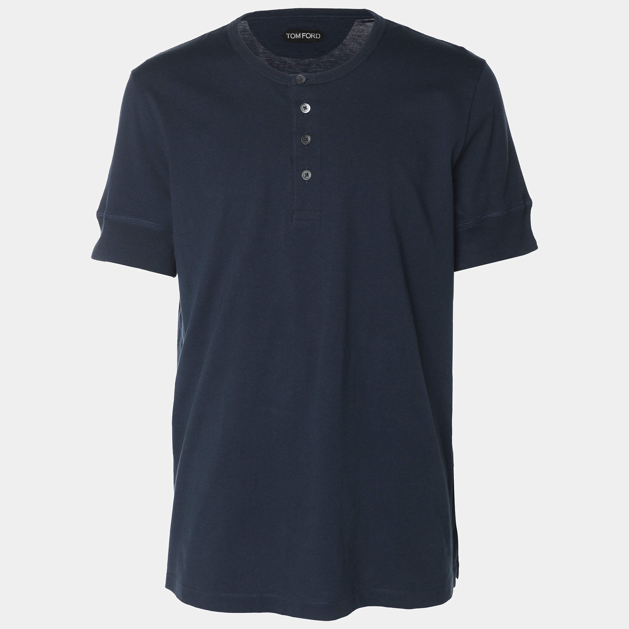 Tom Ford Navy Blue Cotton Knit Henley Neck T-Shirt XL