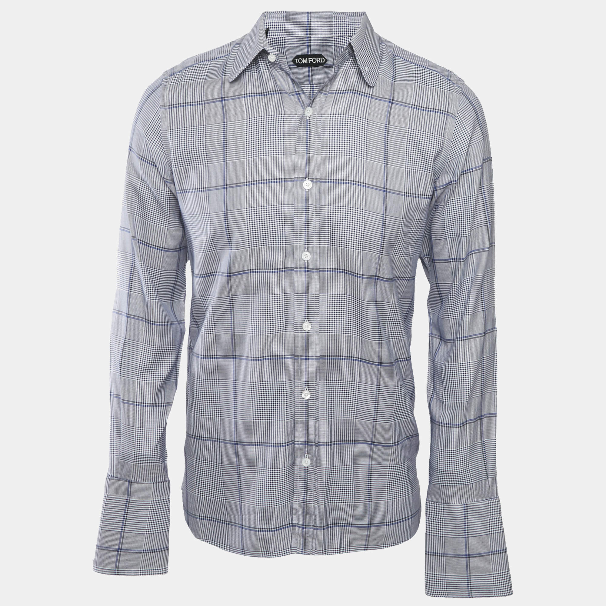 Tom Ford Blue Houndstooth Cotton Long Sleeve Shirt L