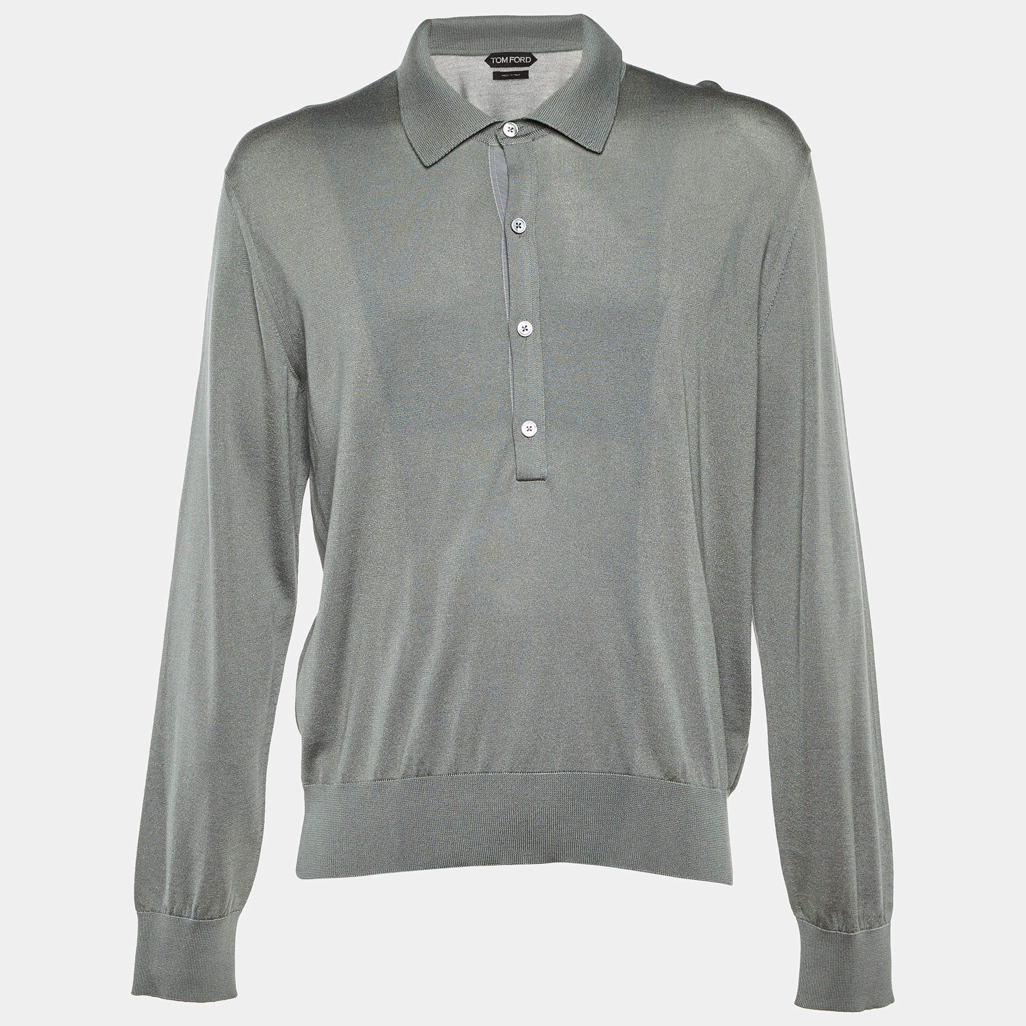Pre Owned Tom Ford Grey Silk Knit Long Sleeve Polo Jumper 3XL