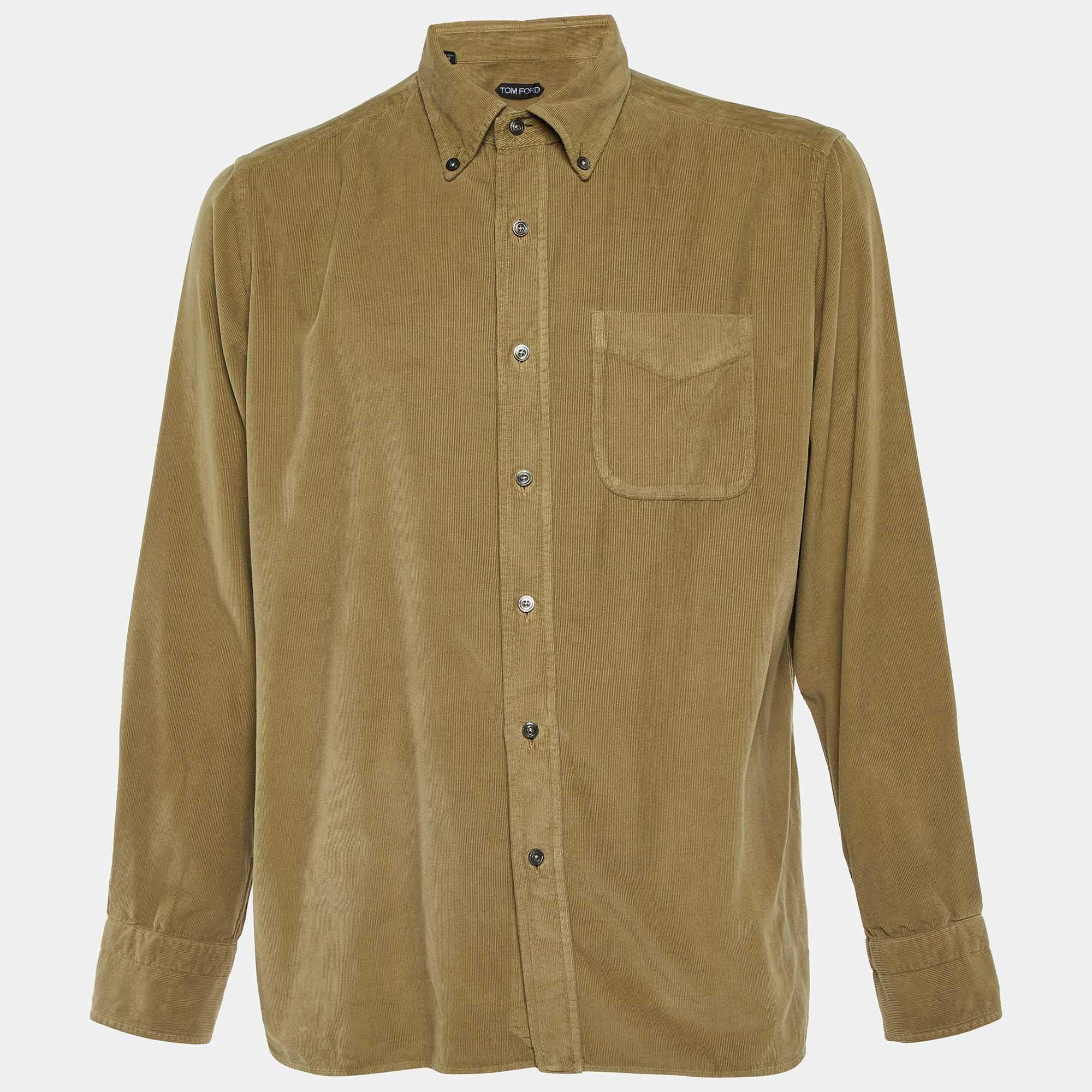 Pre Owned Tom Ford Sage Green Corduroy Button Front Shirt XXL