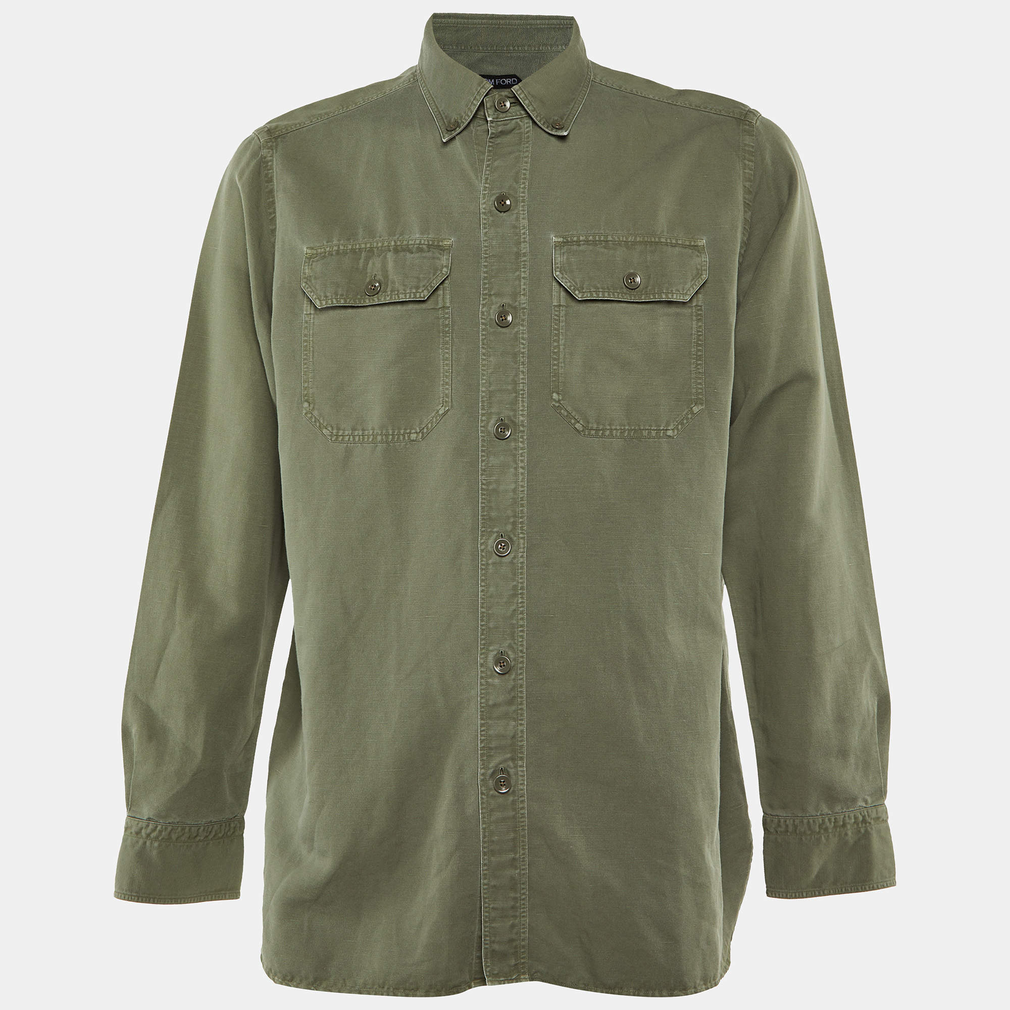 Pre Owned Tom Ford Sage Green Linen and Cotton Button Front Shirt XXL