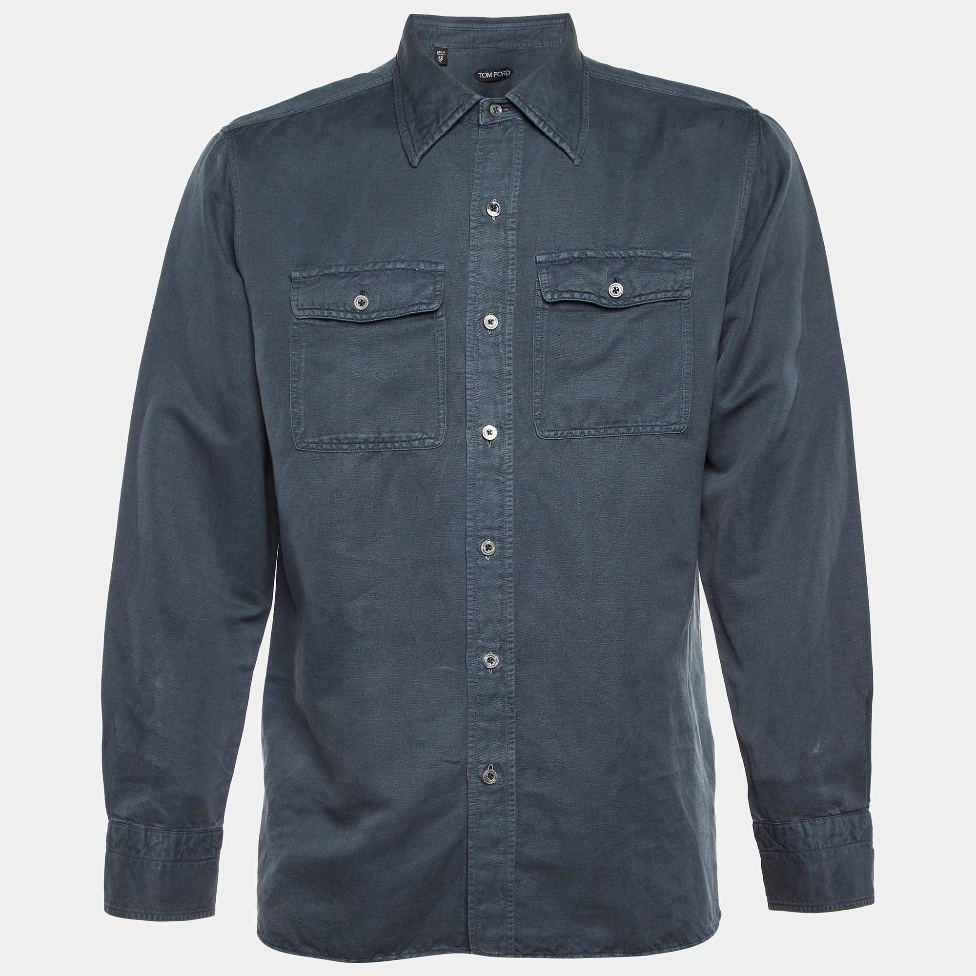 Pre Owned Tom Ford Sage Blue Button Front Full Sleeve Shirt XXL