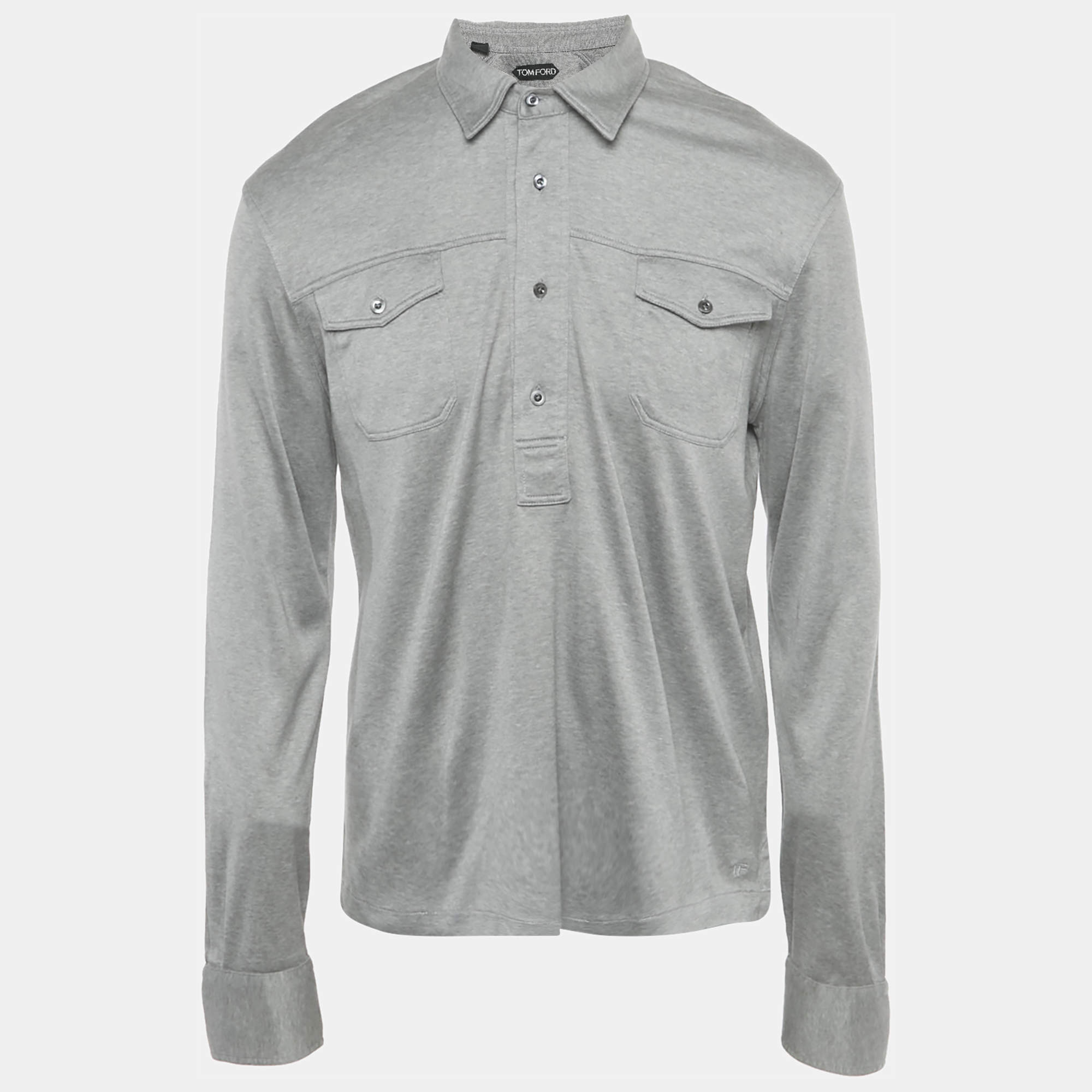 Pre Owned Tom Ford Grey Cotton Long Sleeve Polo T-Shirt M