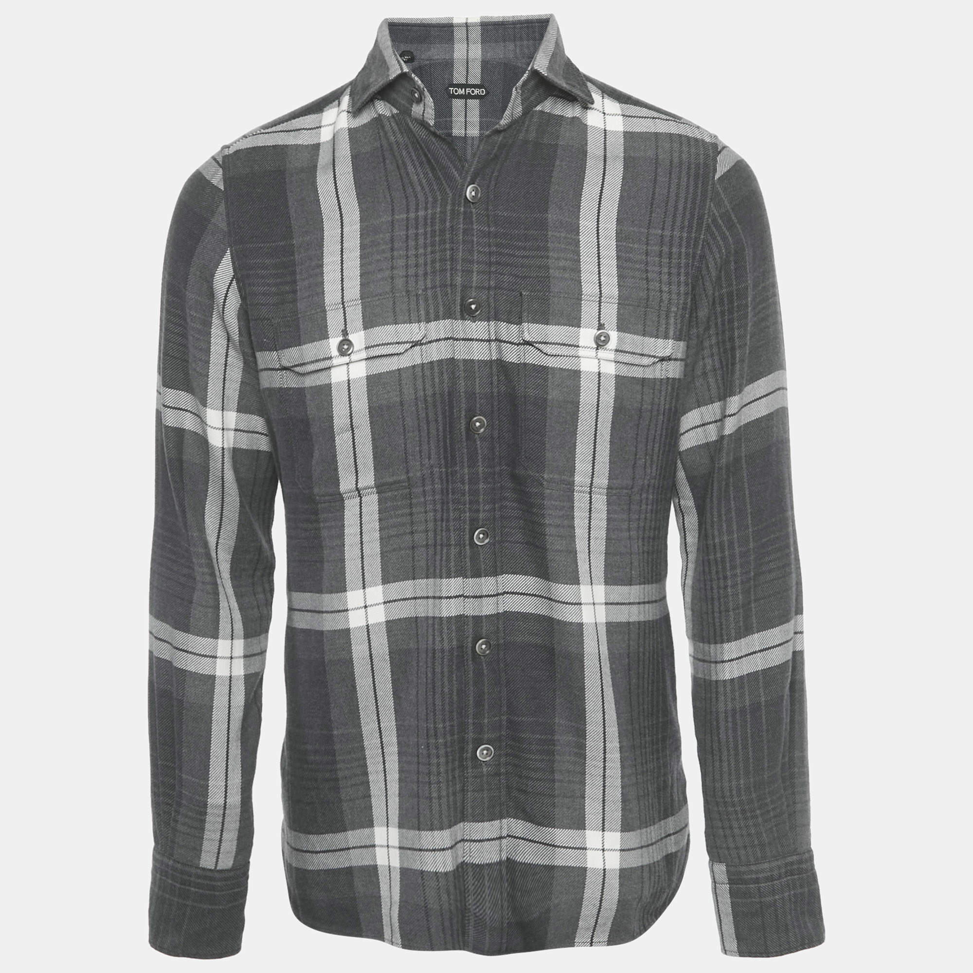 مملوكة مسبقًا قميص توم فورد رمادي كاروهات قطن بأزرار أمامية مقاس وسط (ميديم)