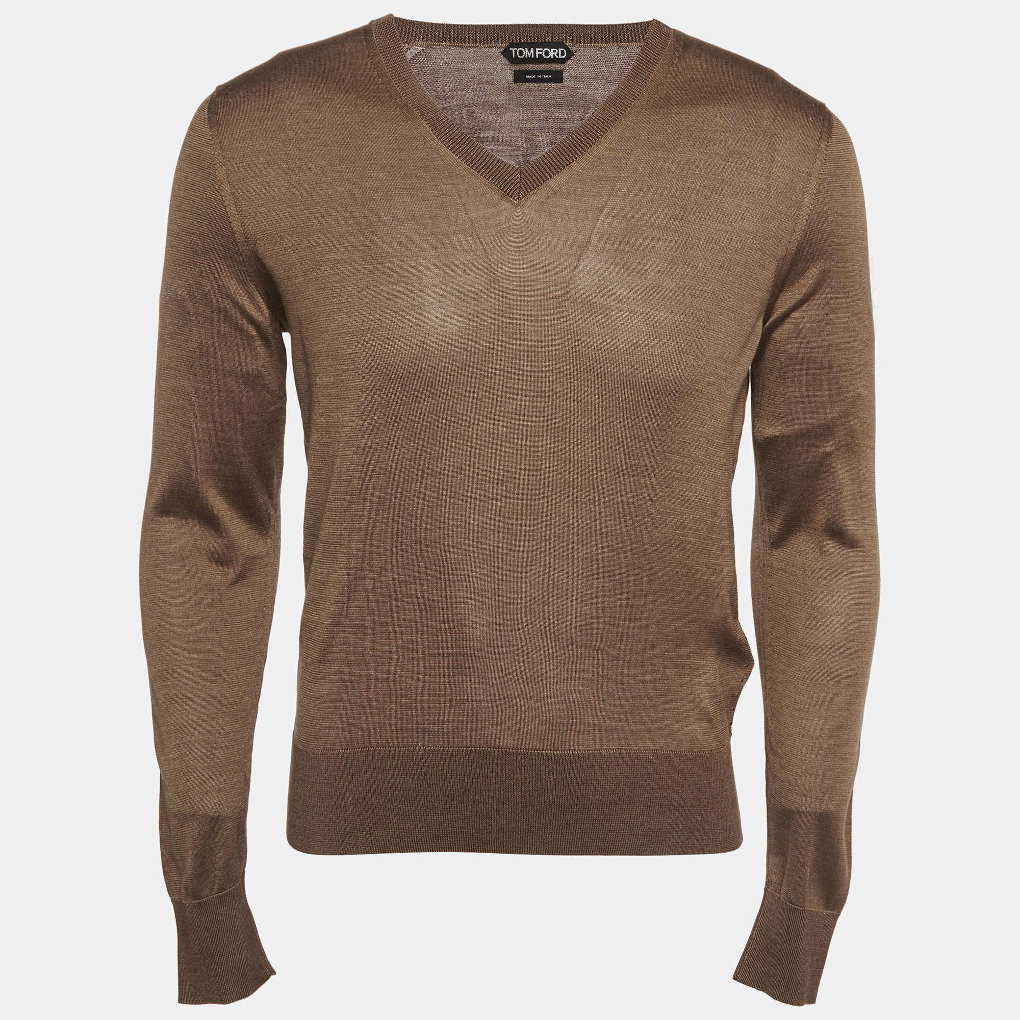 Pre Owned Tom Ford Brown Silk Knit V-Neck Sweater S