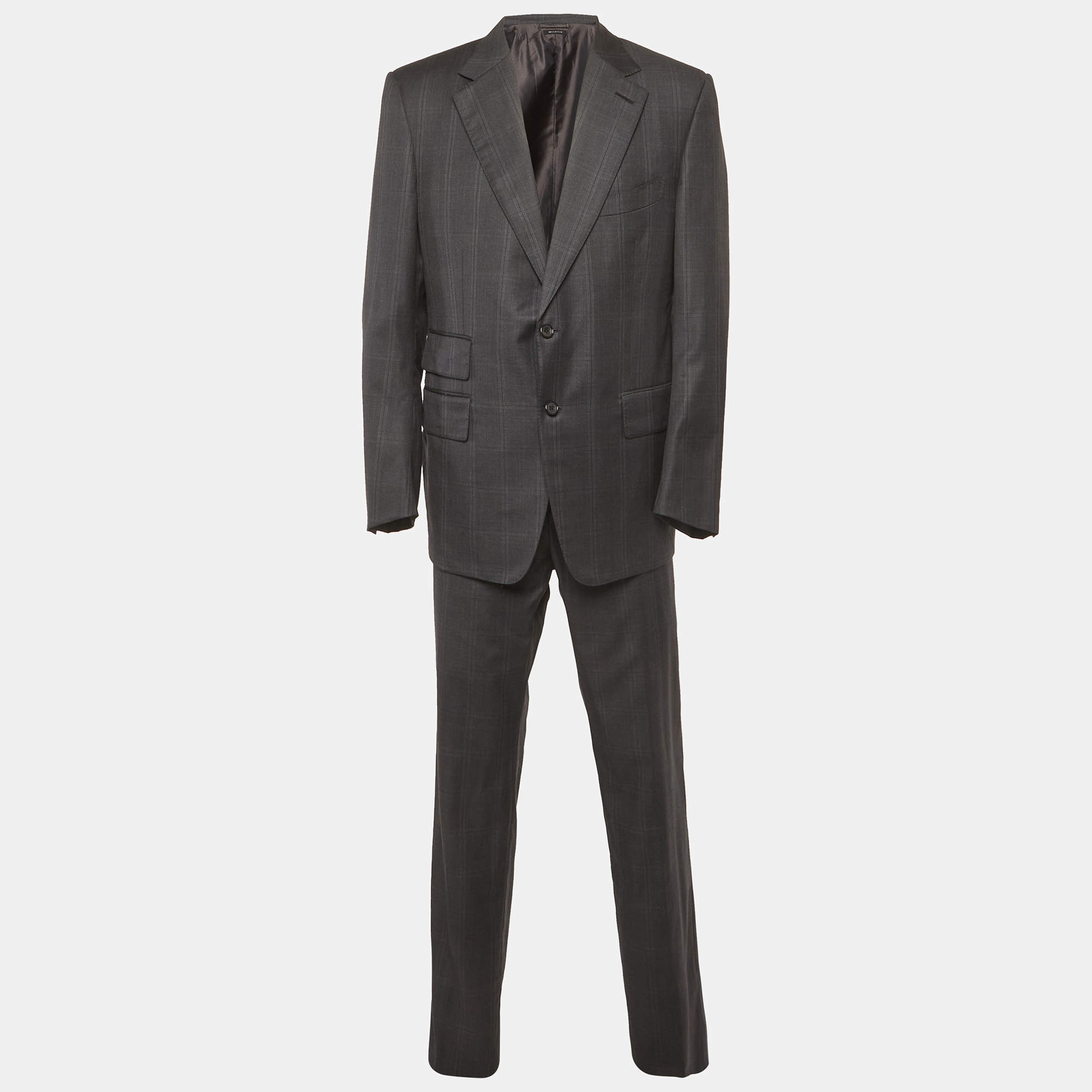 Pre Owned Tom Ford Black Check Pattern Wool Regular Fit Suits XXXL