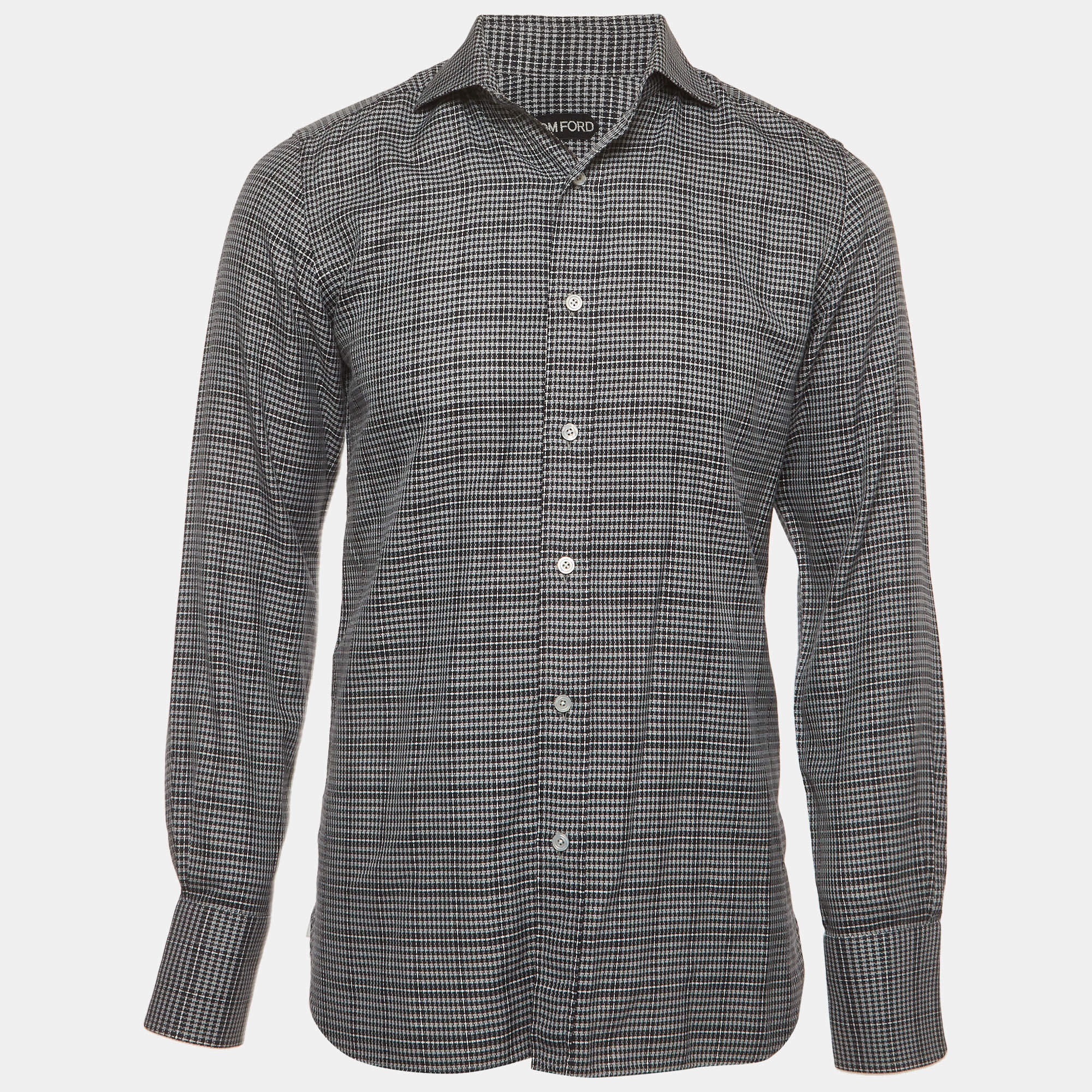 Pre Owned Tom Ford Grey Micro Houndstooth Checked Cotton Shirt M