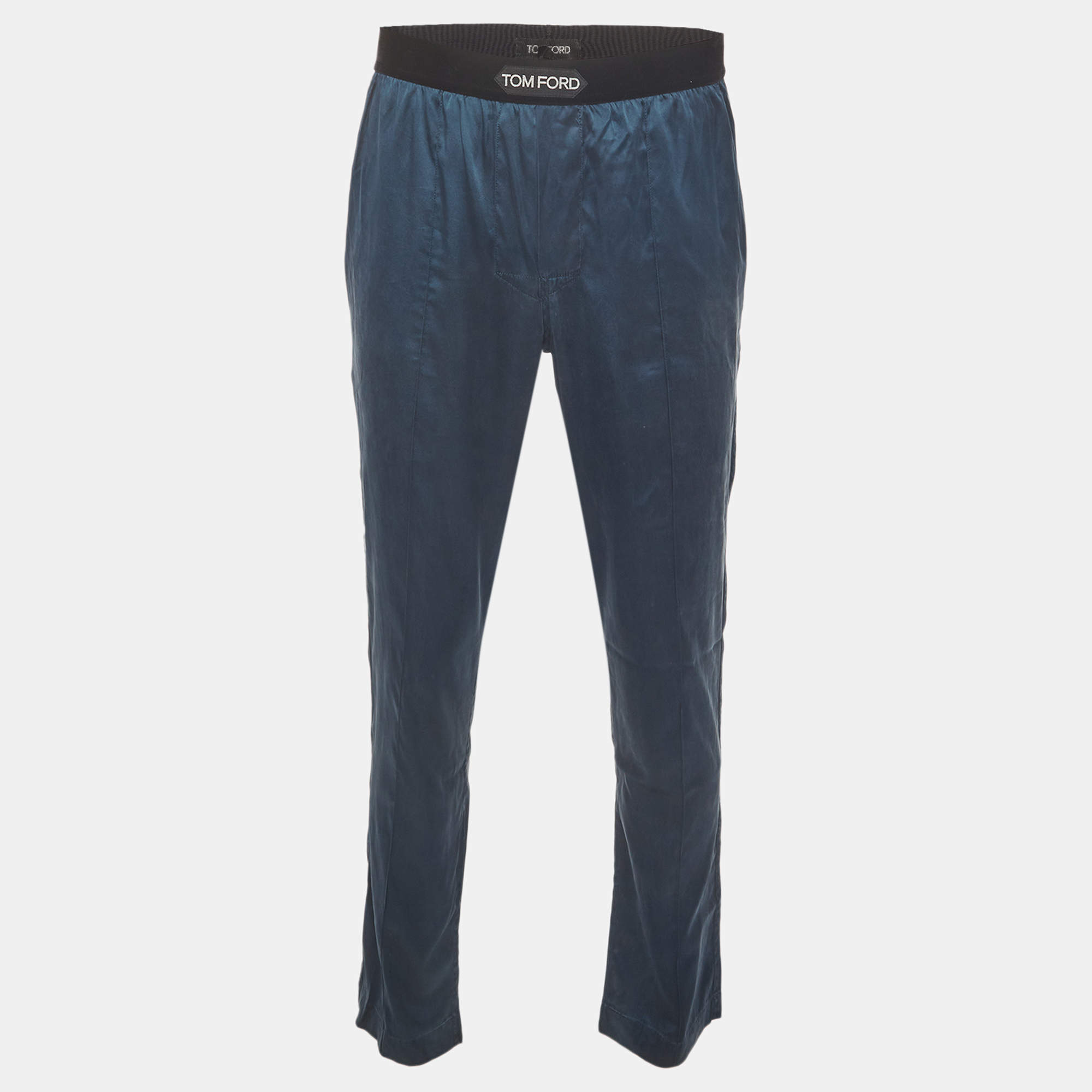 Pre Owned Tom Ford Blue Satin and Velvet Trimmed Trousers M