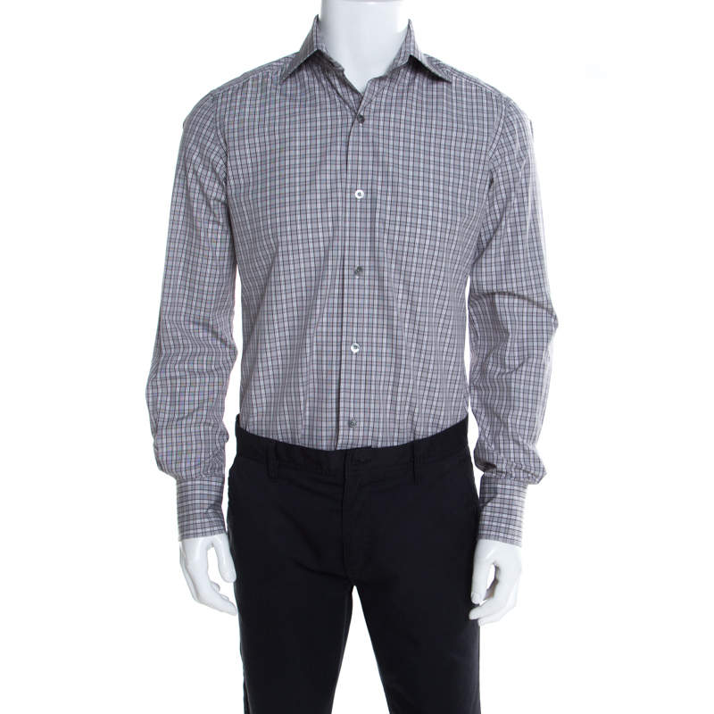 Pre Owned Tom Ford Brown and White Plaid Checked Cotton Long Sleeve Shirt M