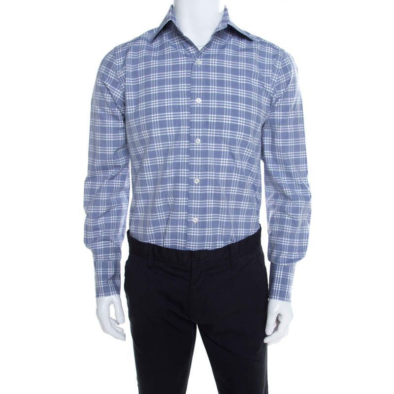 Pre Owned Tom Ford Blue and White Plaid Checked Cotton Long Sleeve Shirt M