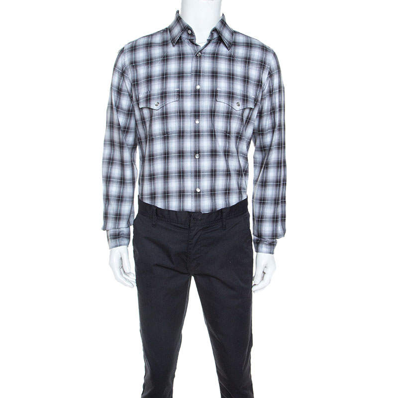 Pre Owned Tom Ford Grey Plaid Cotton Press Button Shirt XL