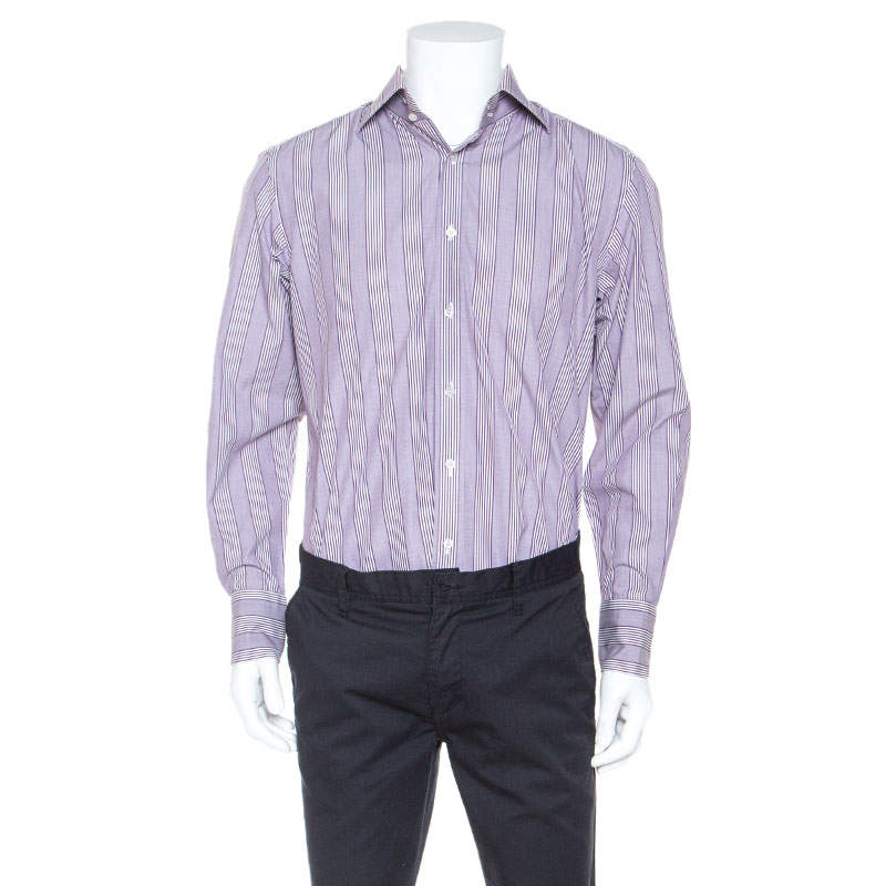 Pre Owned Tom Ford Purple Striped Cotton Button Front Long Sleeve Shirt L