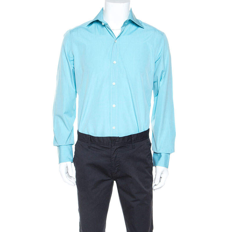 Pre Owned Tom Ford Turquoise Blue Pinpoint Cotton Classic Fit Shirt L