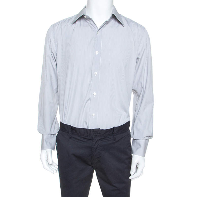 Pre Owned Tom Ford White & Grey Striped Cotton Button Front Shirt XXL