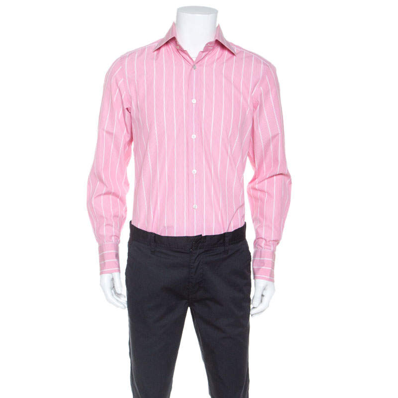 Tom Ford Pink & White Striped Cotton Button Front Shirt L