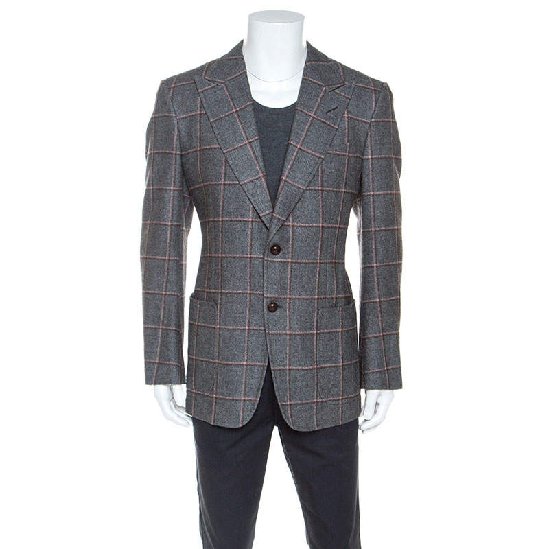 Tom Ford Grey Checked Wool Silk Blend Blazer XL