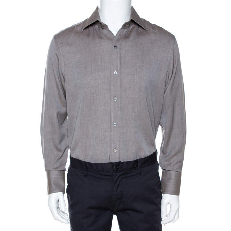 Pre Owned Tom Ford Brown Herringbone Cotton Long Sleeve Shirt XL