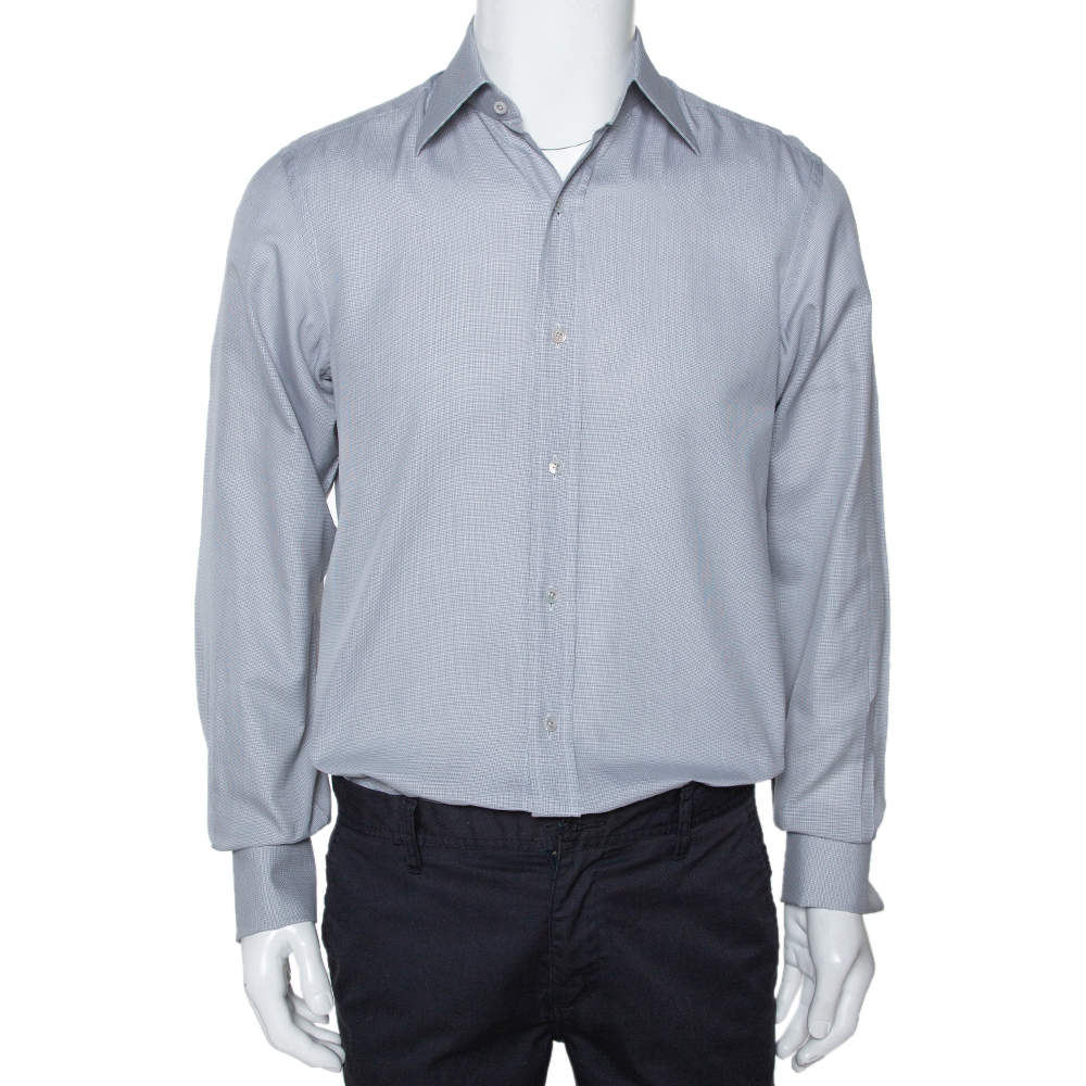 Tom Ford Grey Textured Cotton Button Front Long Sleeve Shirt M