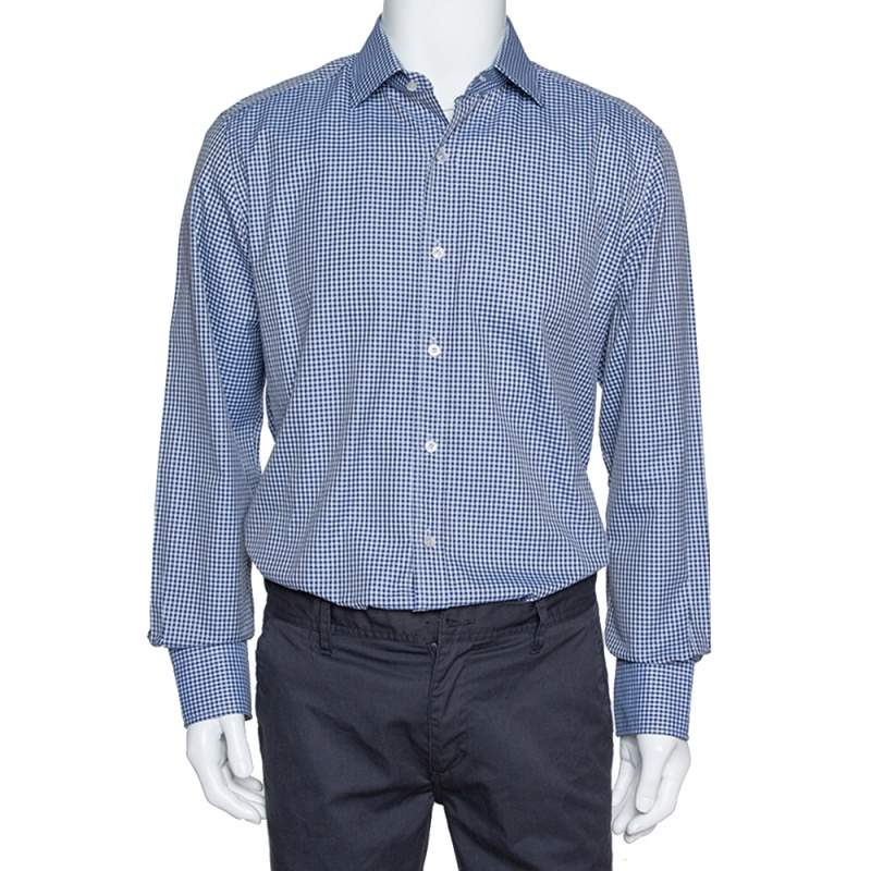Tom Ford Navy Blue Gingham Check Cotton Long Sleeve Shirt XXL