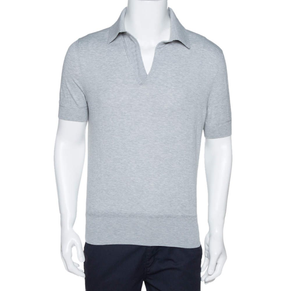 Tom Ford Grey Rib Knit Cotton V Neck Polo T-Shirt L Tom Ford | TLC