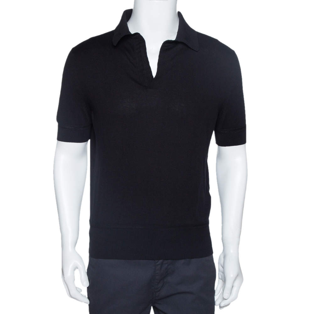 Tom Ford Black Rib Knit Cotton V Neck Polo T-Shirt L