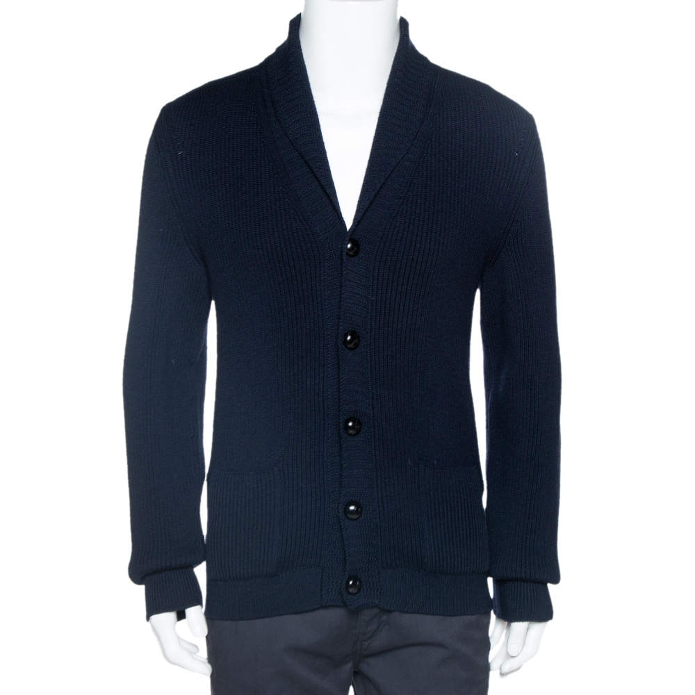 Pre Owned Tom Ford Navy Blue Rib Knit Shawl Collar Cardigan XL 
