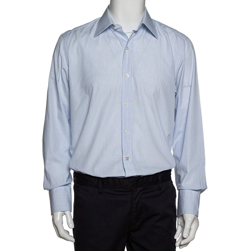 Tom Ford Blue & White Striped Cotton Long Sleeve Shirt XXL