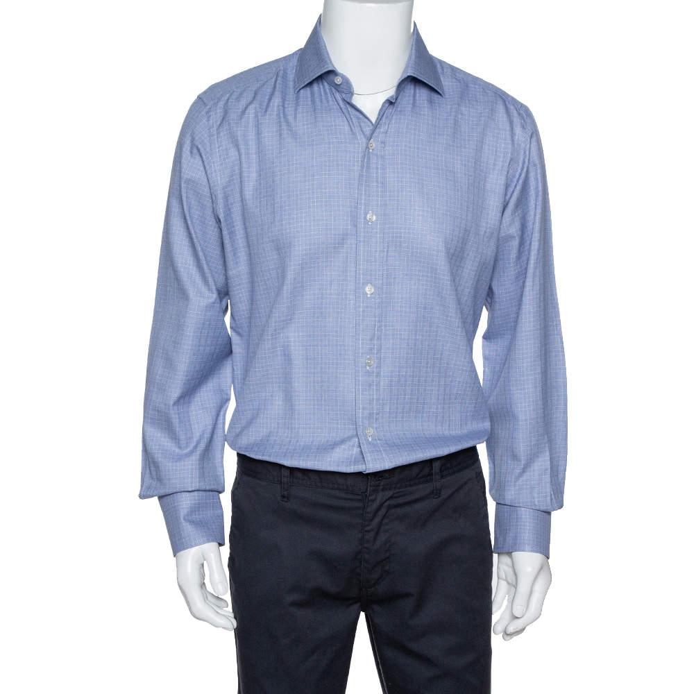 Pre Owned Tom Ford Blue Check Patterned Cotton Long Sleeve Shirt XXL