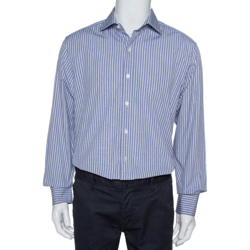 Pre Owned قميص توم فورد قطن أبيض مخطط وأزرق كحلي مقاس كبير جدًا جدًا - إكس إكس لارج