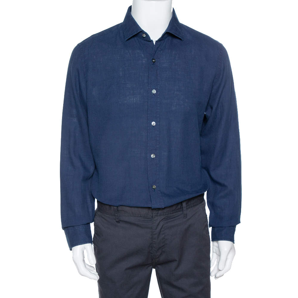 Tom Ford Navy Blue Linen & Cotton Long Sleeve Shirt XXL
