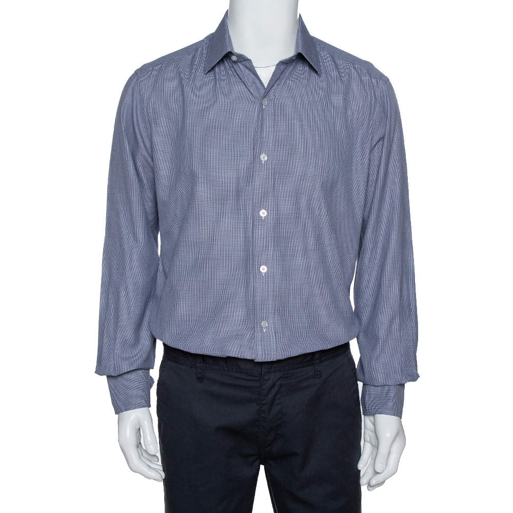 مملوكة مسبقًا قميص ت وم فورد قطن أزرق كحلي منقوش مايكرو كم طويل مقاس كبير جدًا جدًا