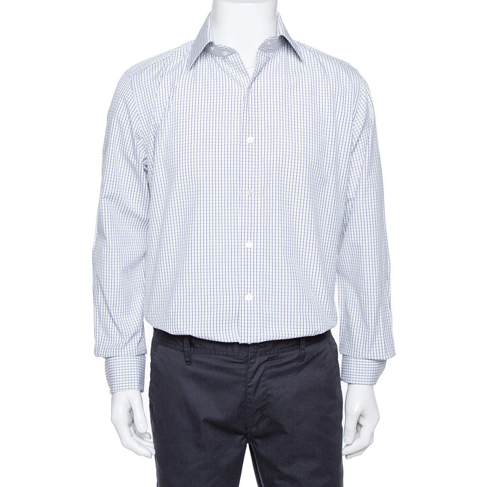 مملوكة مسبقًا Tom Ford White Checked Cotton Su Misura Long Sleeve Shirt XL
