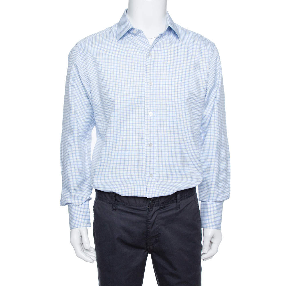 Tom Ford White & Blue Checkered Cotton Su Misura Long Sleeve Shirt XXL