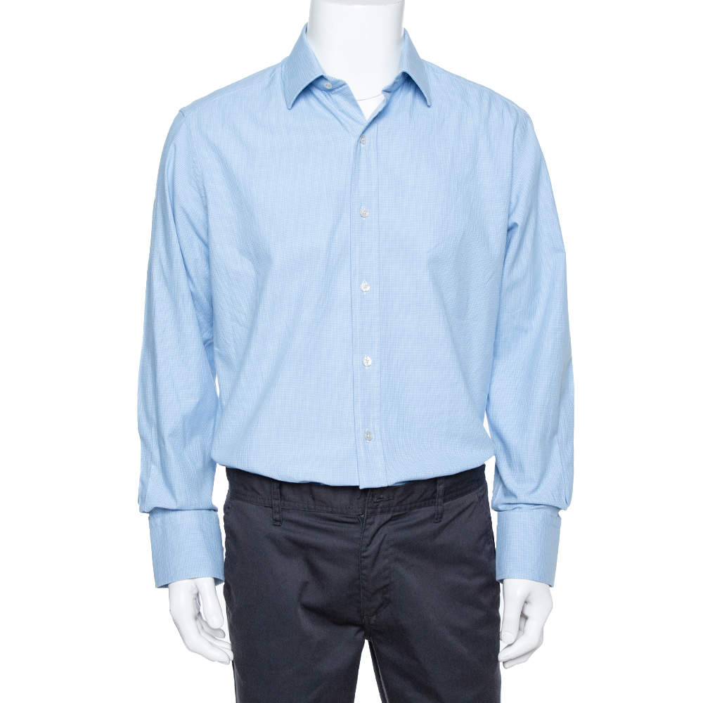 Tom Ford Blue Micro Check Su Misura Long Sleeve Shirt XXL