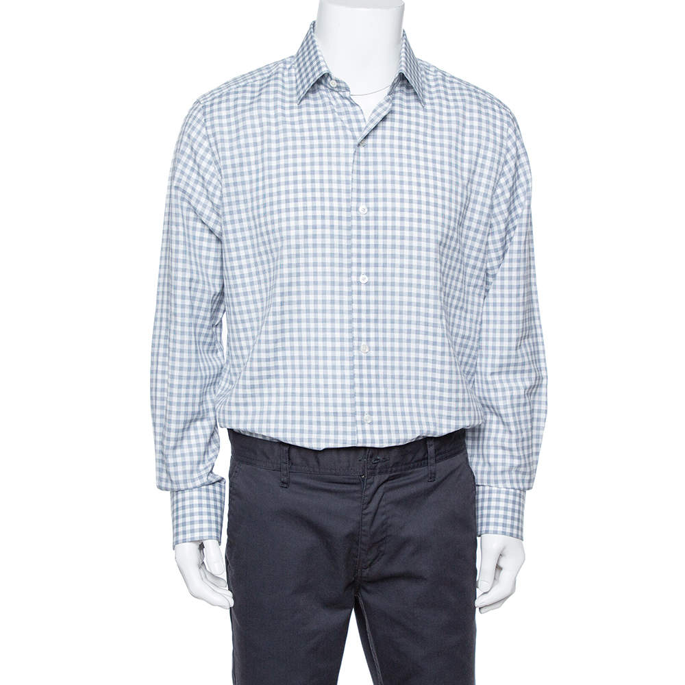 Tom Ford White & Blue Checkered Su Misura Long Sleeve Shirt XXL