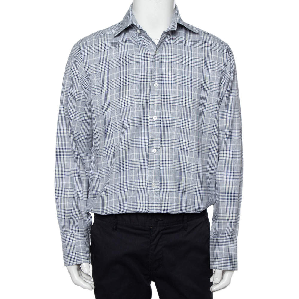 Pre Owned Tom Ford White & Navy Blue Checkered Cotton button Front Shirt XL
