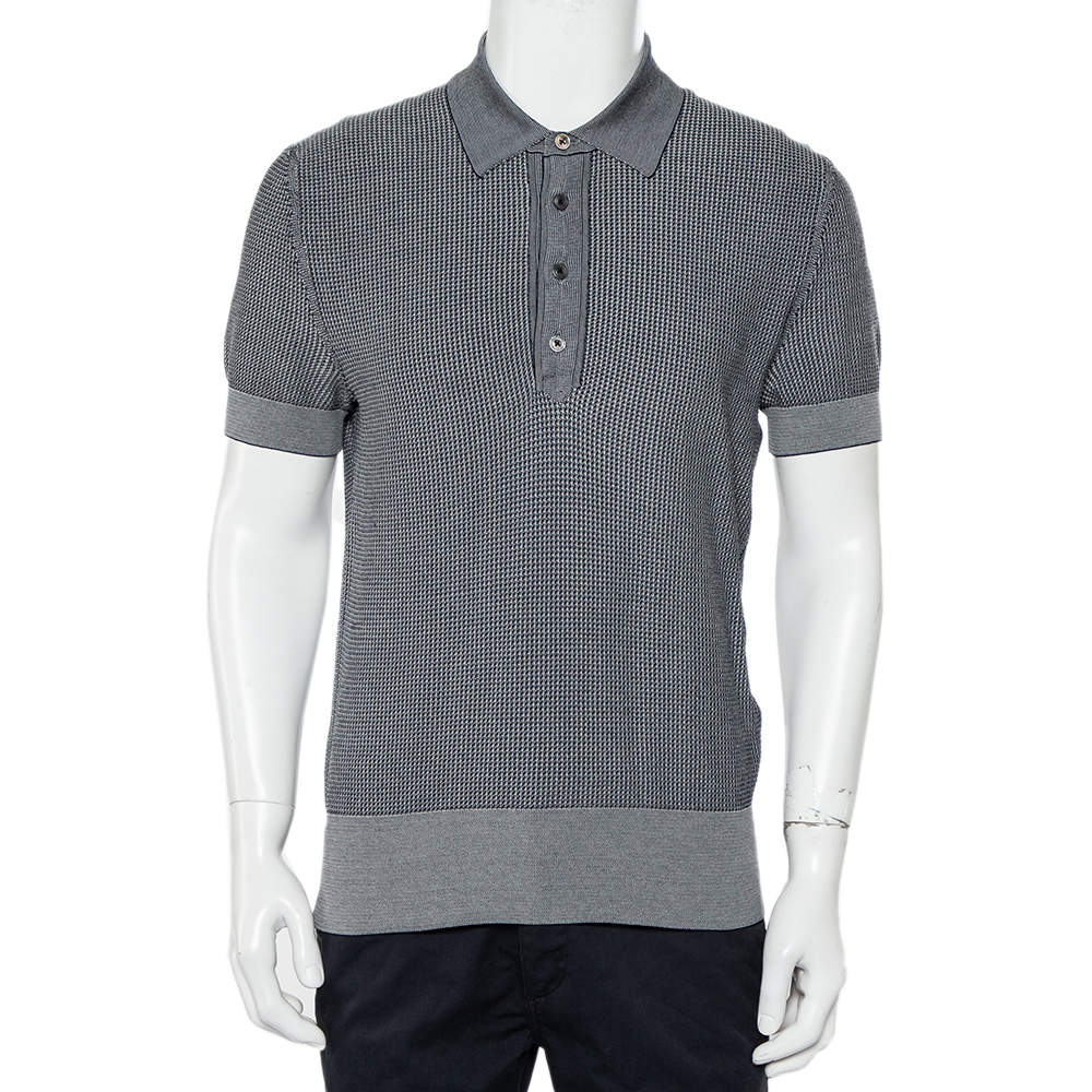 Pre Owned Tom Ford Navy Blue Patterned Knit Polo T-Shirt XL