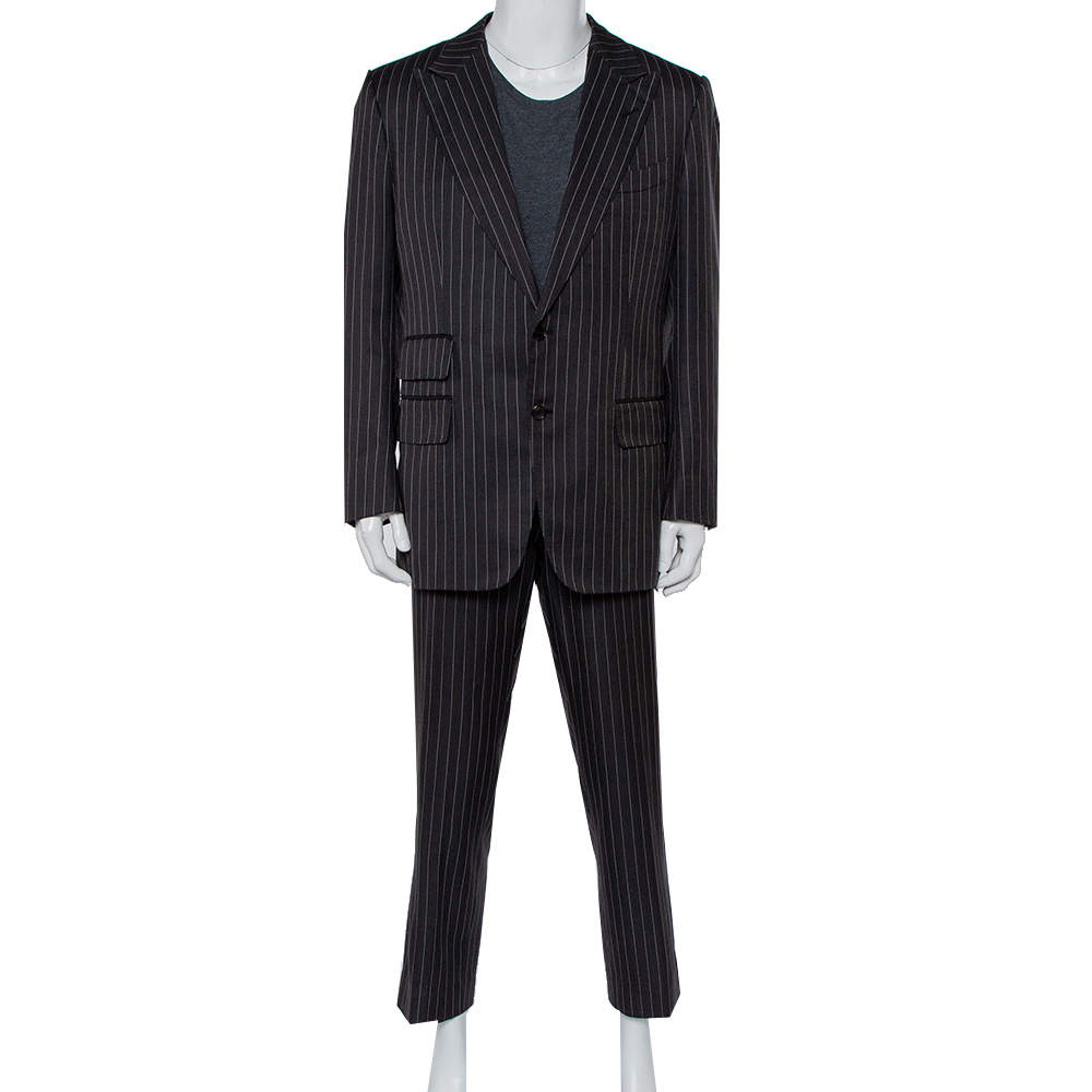 Pre Owned Tom Ford Black Striped Wool & Silk Suit XXL