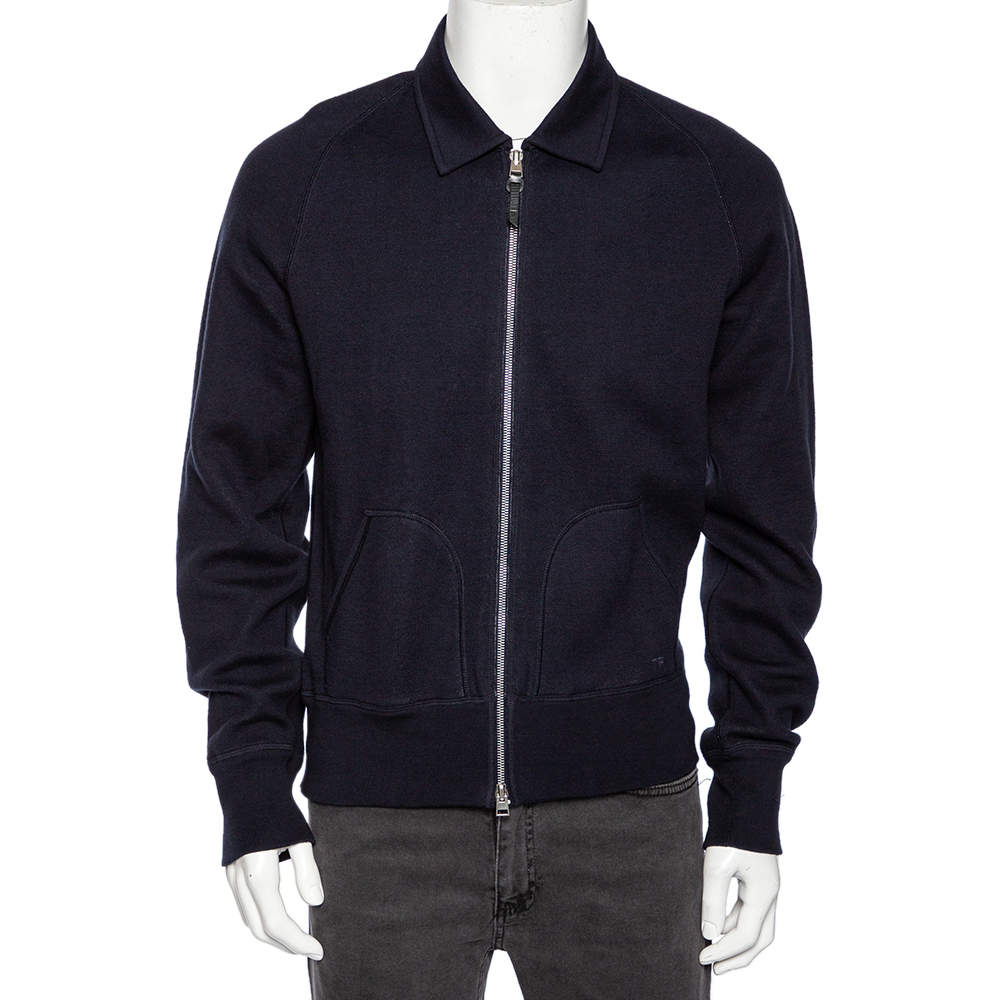 Tom Ford Navy Blue Cotton Knit Zip Front Point Collar Sweatshirt XL