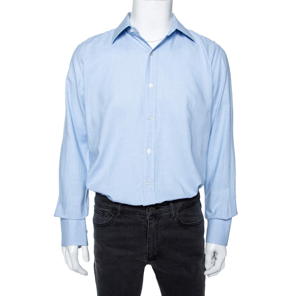 Pre Owned Tom Ford Sky Blue Cotton Patterned Shirt XL