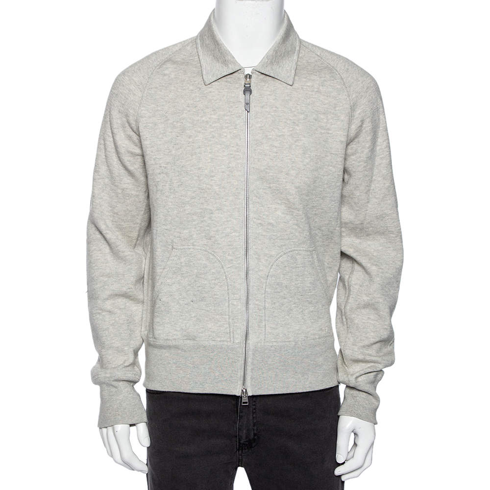 Pre Owned Tom Ford Grey Cotton Knit Zip Front Point Collar Sweatshirt XL