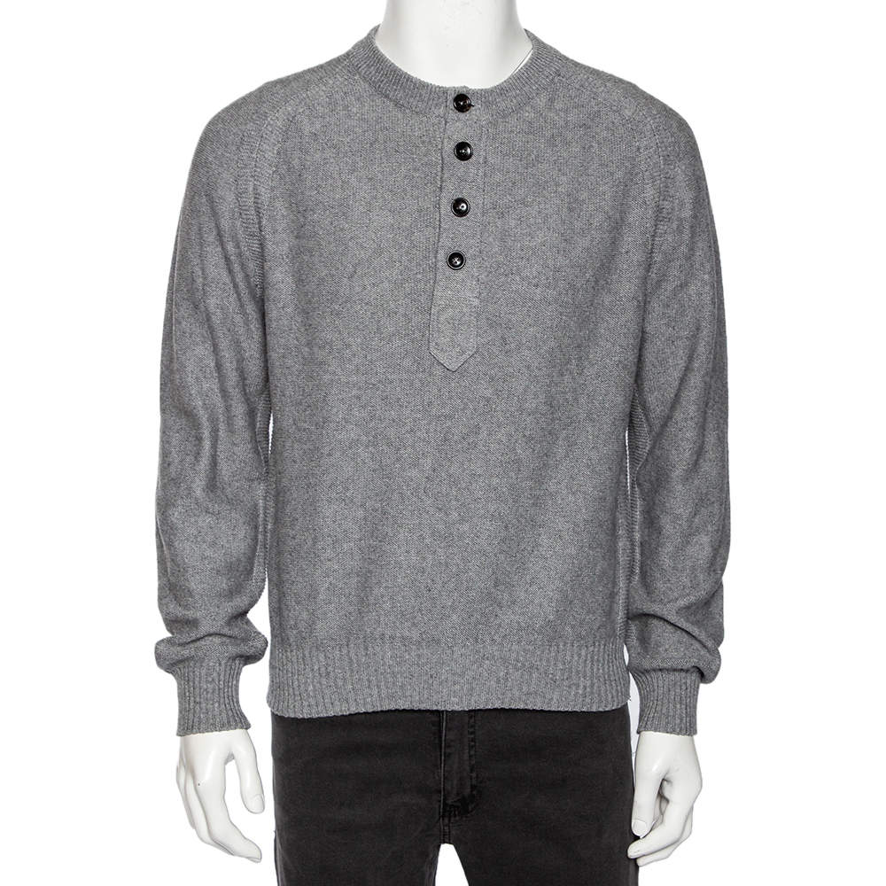 Tom Ford Grey Cotton Knit Henley Sweater XL 