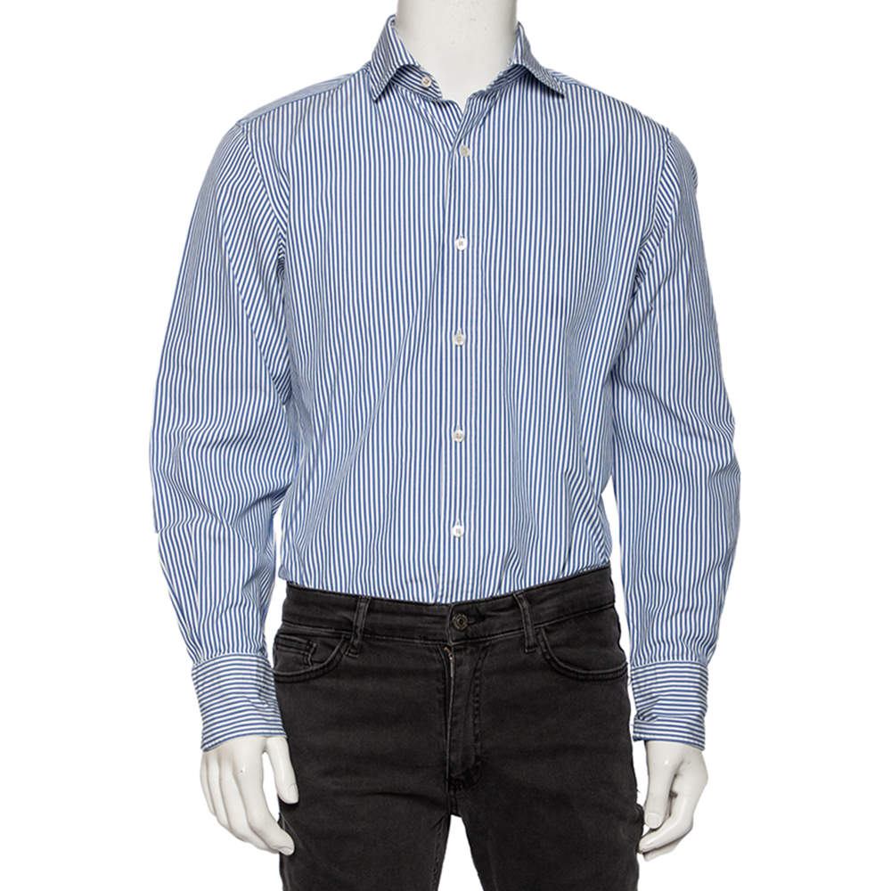 Tom Ford Blue & White Striped Cotton Button Front Shirt L