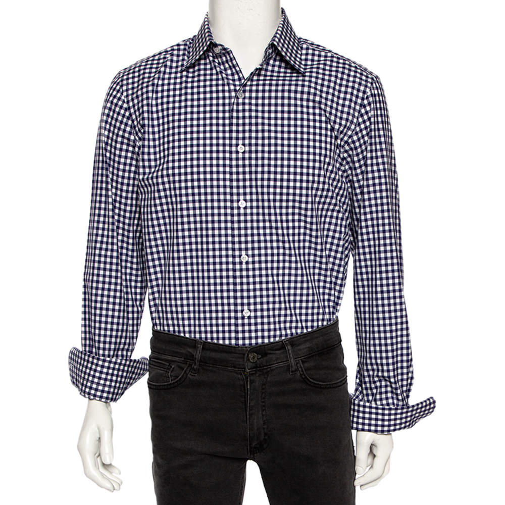 مملوكة مسبقًا Tom Ford Indigo Gingham Checkered Cotton Button Front Shirt L