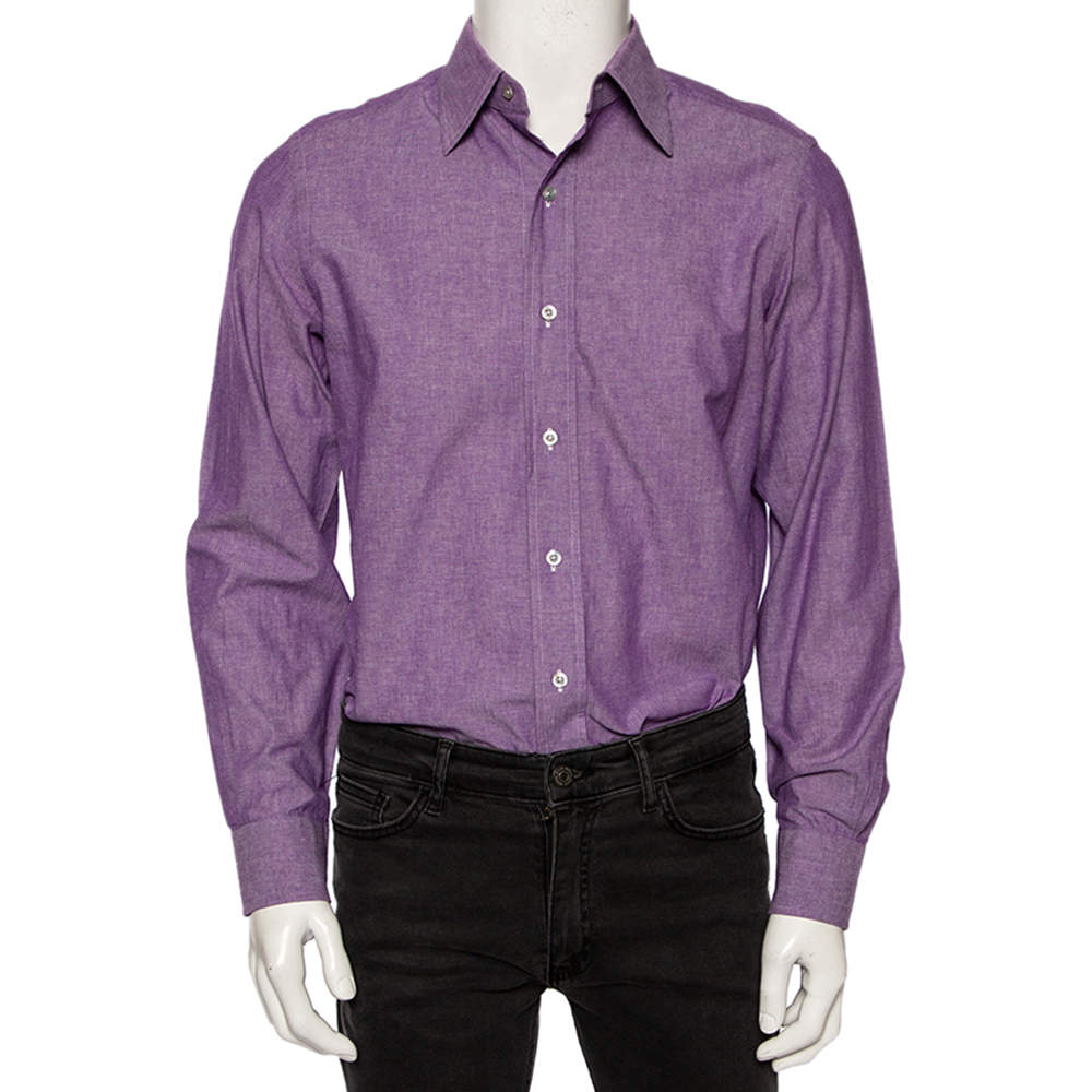 Pre Owned Tom Ford Purple Chambray Cotton Button Front Shirt L