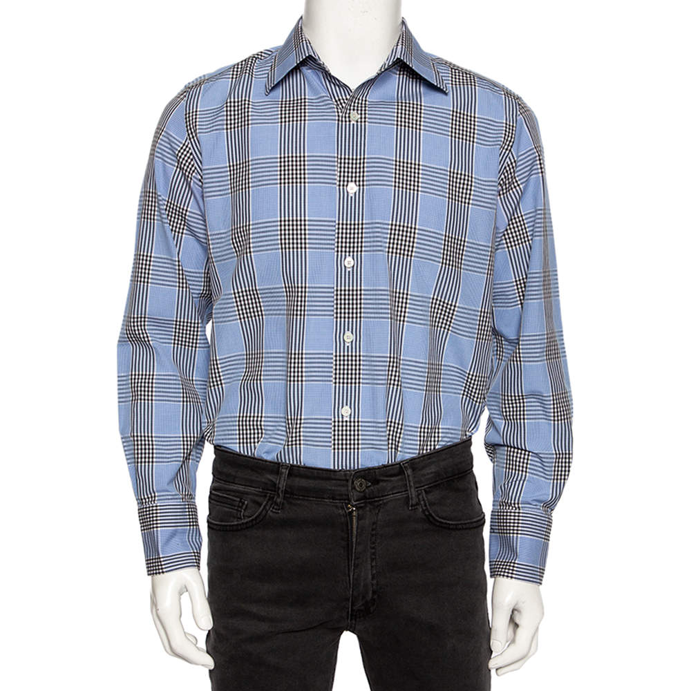 Tom Ford Blue Glen Checkered Cotton Button Front Shirt L