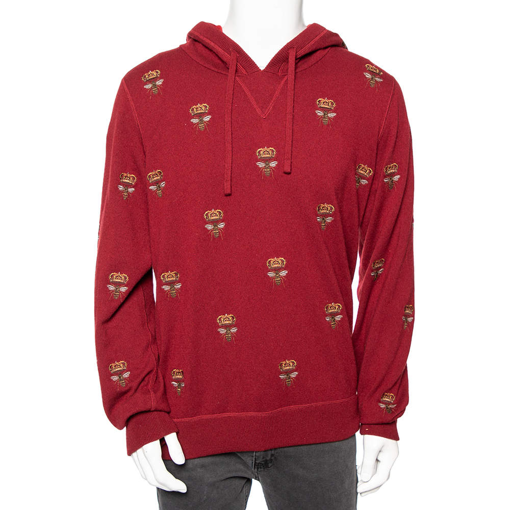 Pre Owned Dolce & Gabbana Maroon Cashmere Bee & Crown Embroidered Hoodie XL