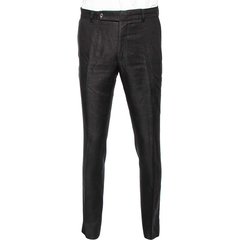مملوكة مسبقًا بنطلون توم فورد كتان أسود بساق مستقيمة مقاس كبير - لارج